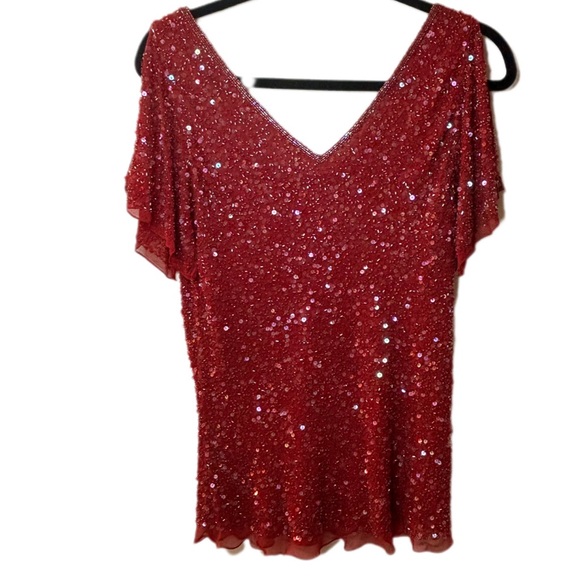 Papell botique evening red sequined top silk dressy formal xl - Picture 2 of 8
